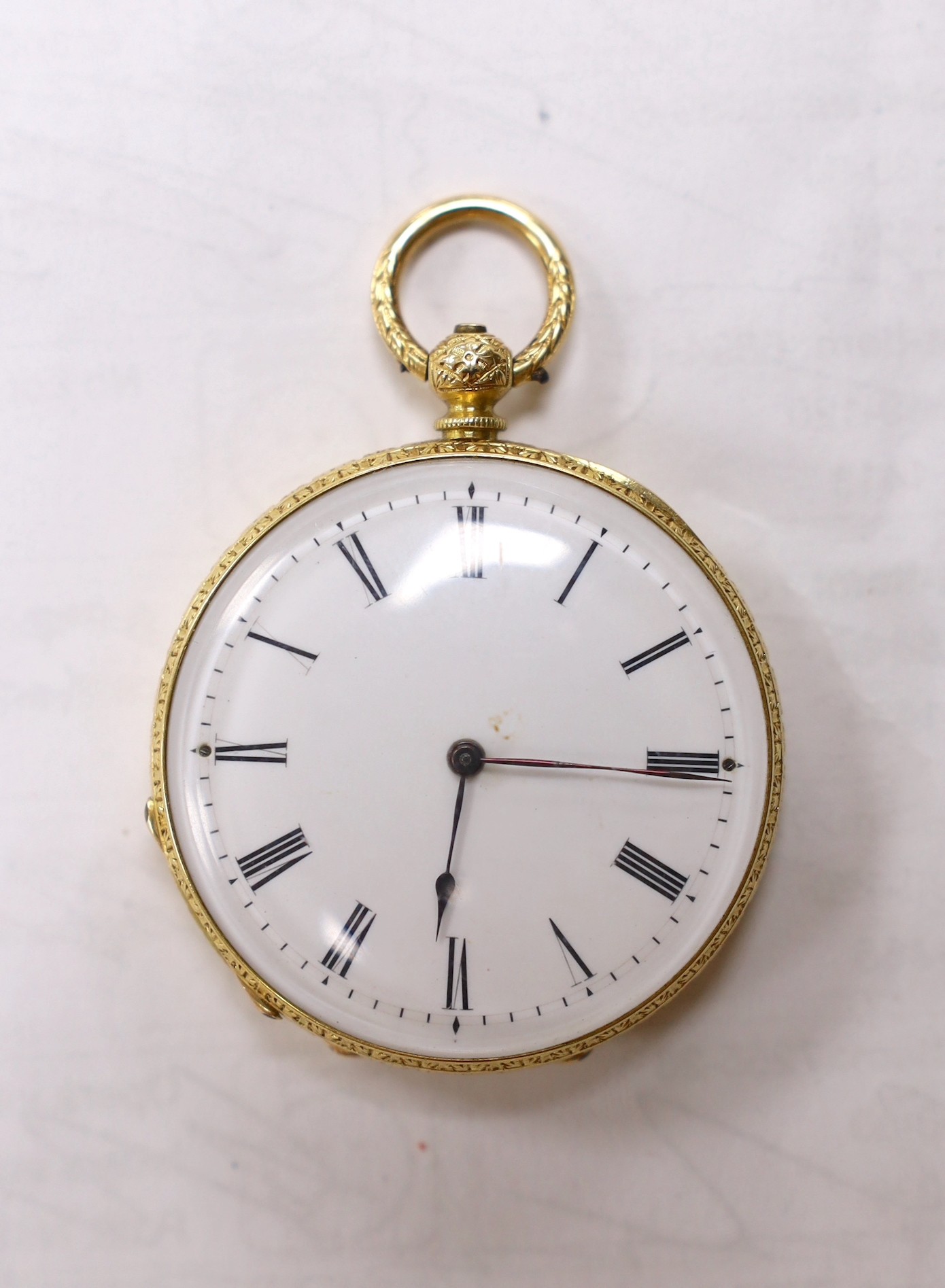 A continental engraved yellow metal open faced fob watch, with Roman dial, case diameter 38mm, gross weight 39.9 grams.